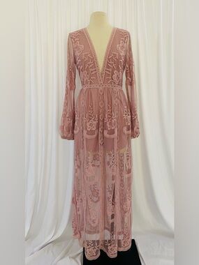 Nomad Blush Mauve Pink Sheer Mesh Lace Whimsical Maxi Dress
